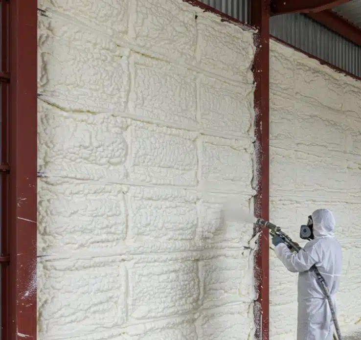 Prestige Insulation Solutions LLC applying commercial spray foam insulation in a warehouse for energy cost reduction and improved climate control.