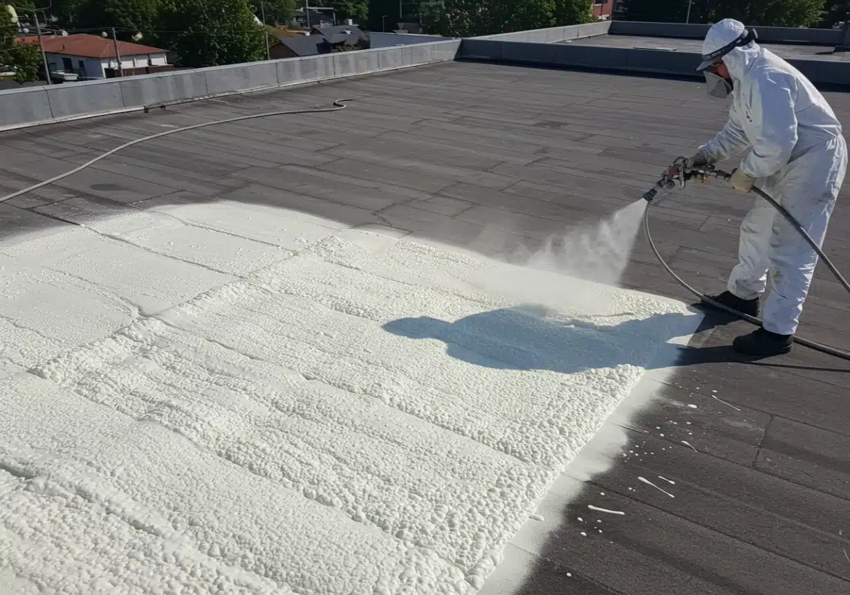 Prestige Insulation Solutions LLC team expertly applying spray foam roofing insulation to a commercial building in Point Baker, FL.